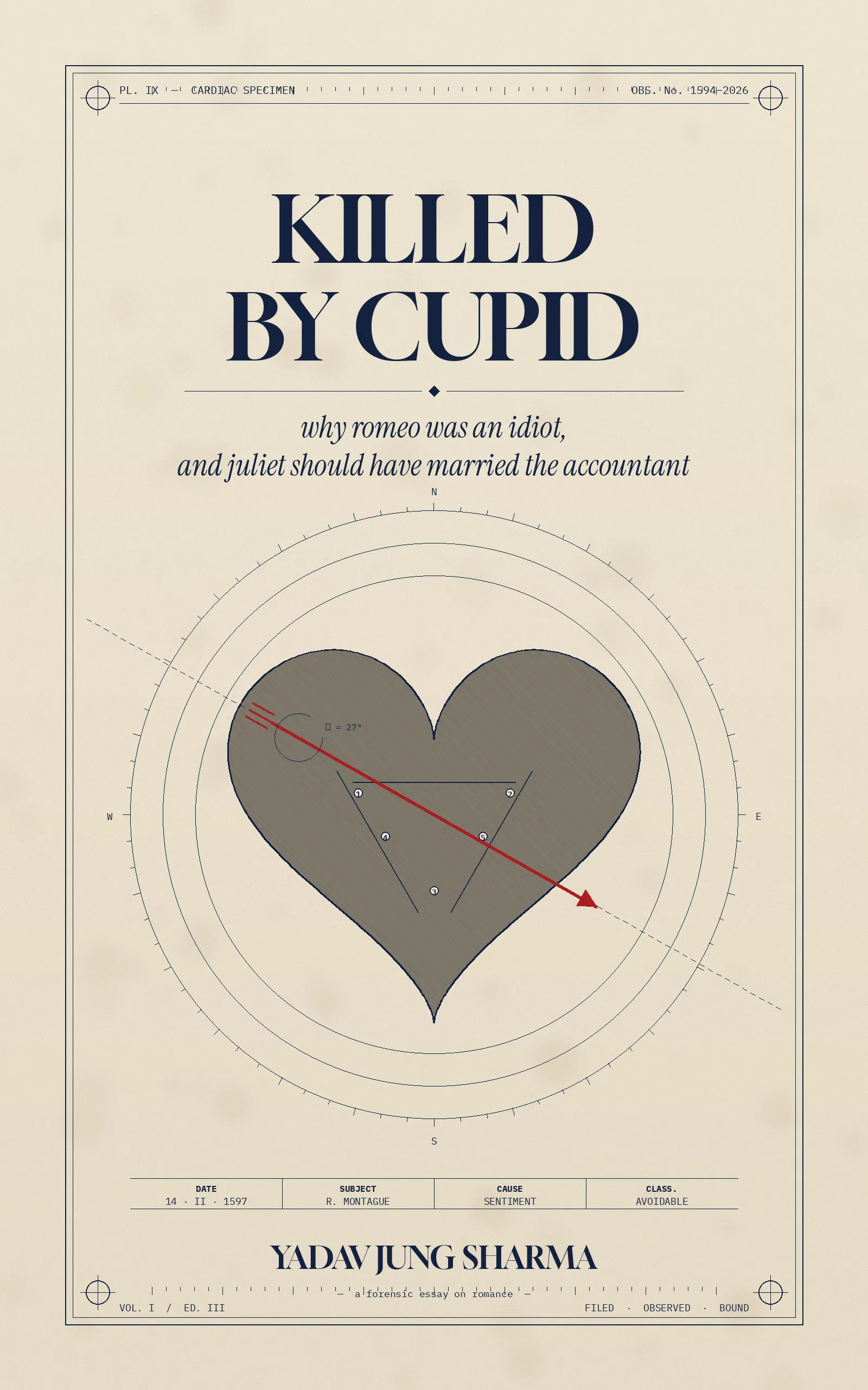 Killed by Cupid — temporary cover. Forensic-document layout: KILLED BY CUPID set in deep navy serif on cream paper, with a heart-shaped specimen pierced by a red trajectory arrow at 27 degrees, encircled by compass-rose markings, framed by case-file metadata.